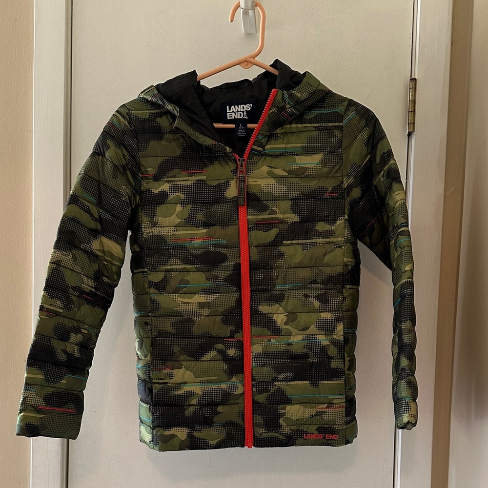 Lands' End Green Camouflage Jacket with Red Zipper